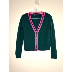 Nordstroms Green Merino Wool Cashmere Blend Cardigan‎ Pink Trim Buttons S